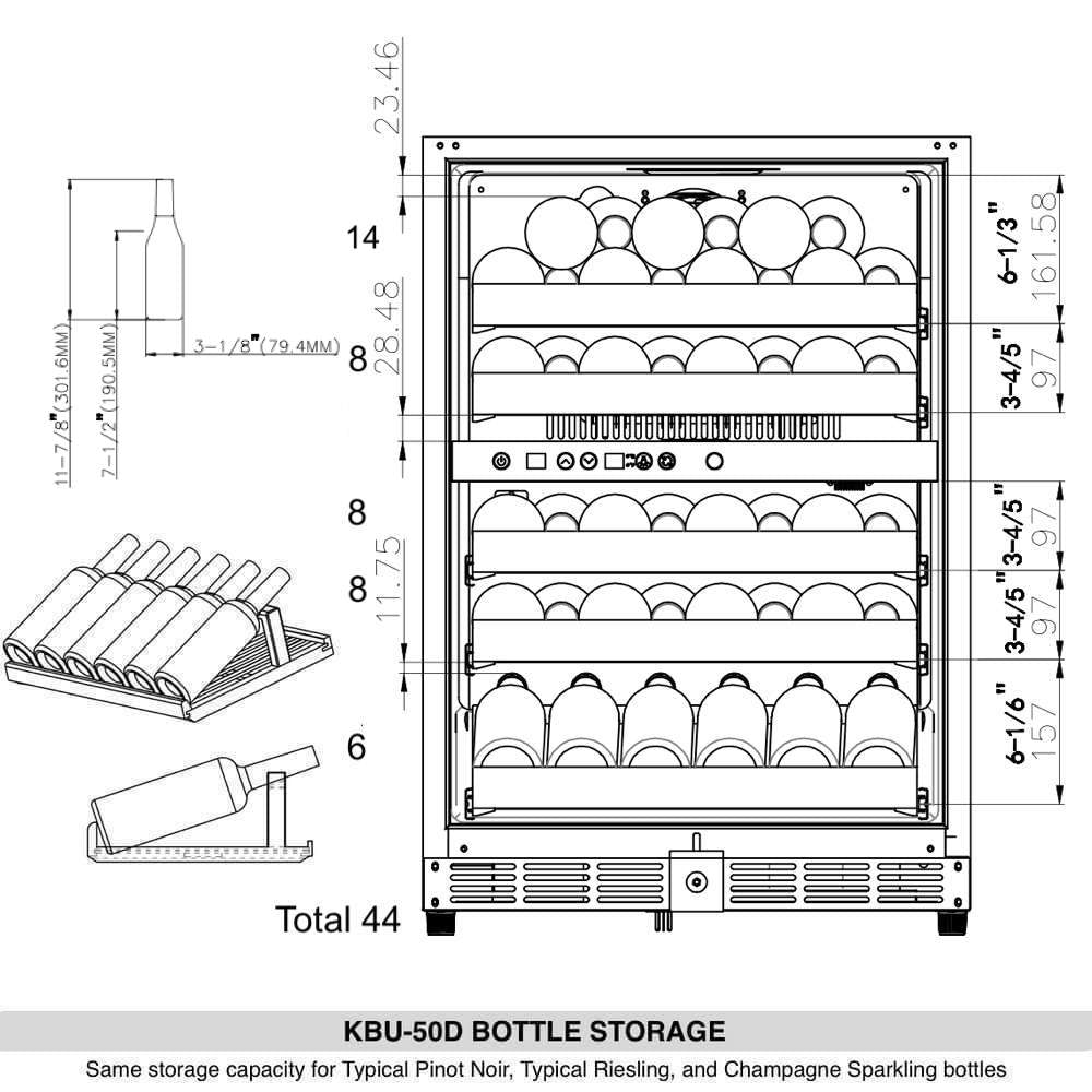 KingsBottle 44 Bottle 24" Under Counter Dual Zone Wine Cooler - KBU50DX