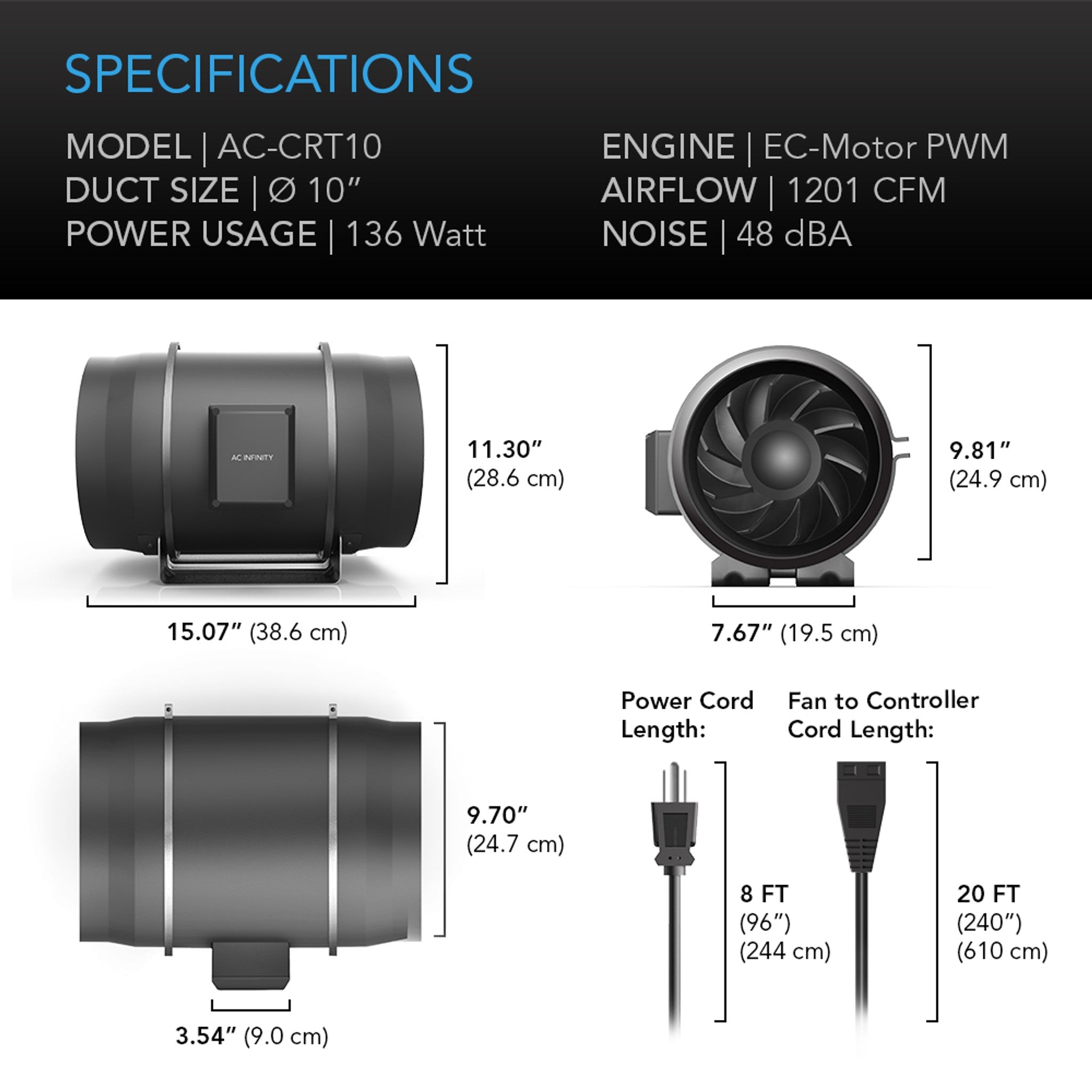 AC Infinity CLOUDWAY T10 | Whole House EC Fan w/ Temp and Humidity Controller | 1200 CFM