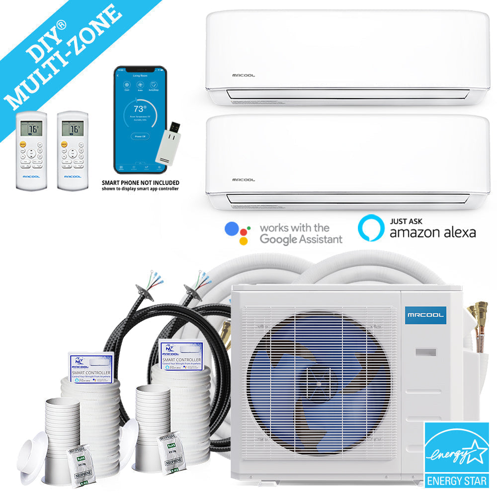 MRCOOL DIY Mini Split - 21,000 BTU 2 Zone Ductless Air Conditioner and Heat Pump with 35 ft. and 50 ft. Install Kit, DIYM227HPW00C15