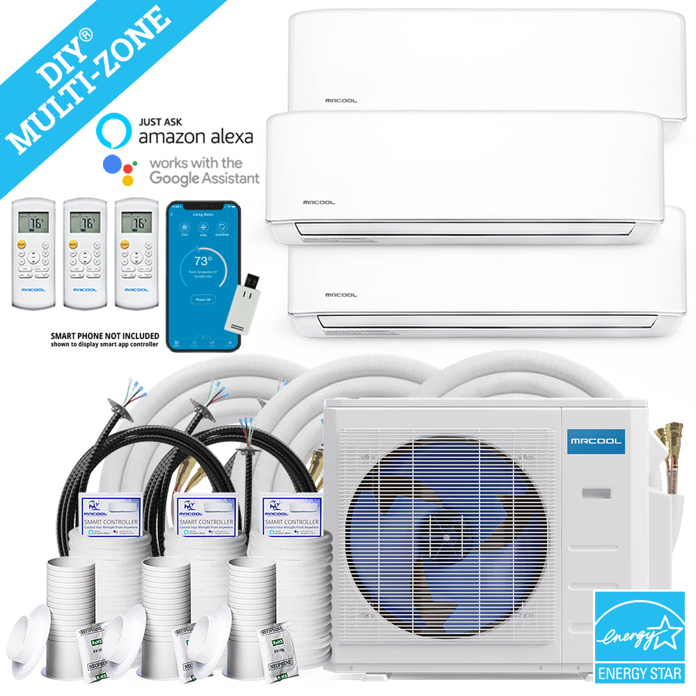 MRCOOL DIY Mini Split - 27,000 BTU 3 Zone Ductless Air Conditioner and Heat Pump with 16 ft. Install Kit, DIYM327HPW00C00