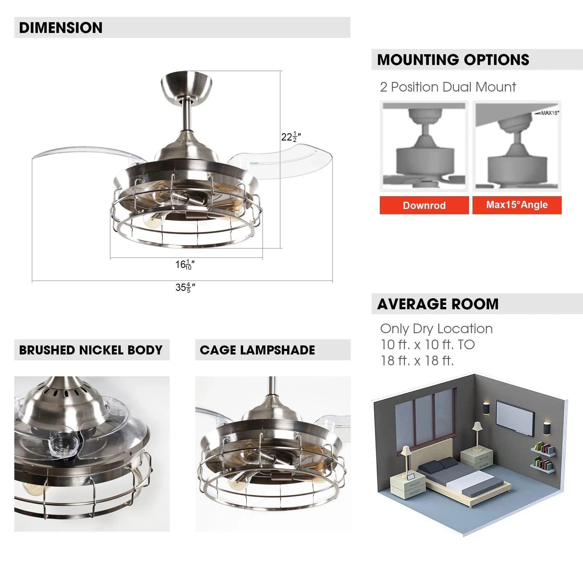 Parrot Uncle 36 In. Benally Industrial Ceiling Fan with Lighting and Remote Control