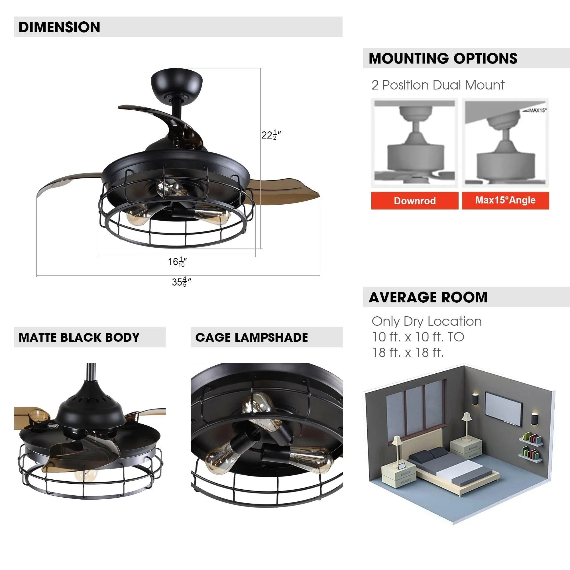 Parrot Uncle 36 In. Pickett Industrial Ceiling Fan with Lighting and Remote Control