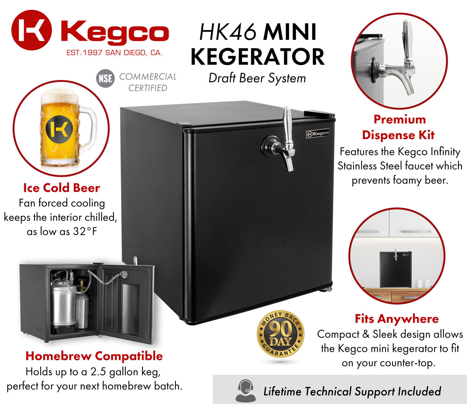 Kegco 17" Wide Draft Beer Single Tap Black Commercial/Residential Mini Kegerator - HK-46-DB