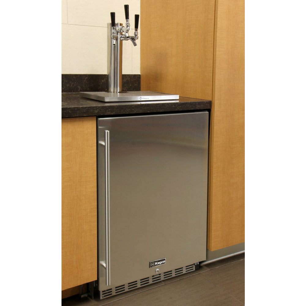 Kegco 24" Wide Triple Tap Stainless Steel Commercial Built-In Left Hinge Kegerator with Kit - HK38BSC-L-3-2