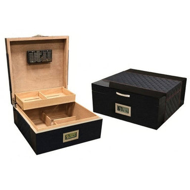 Hampton 200 Ct. Lacquer Humidor w/ Diamond Stitched Leather Top (Black w/ Red Detail)-1