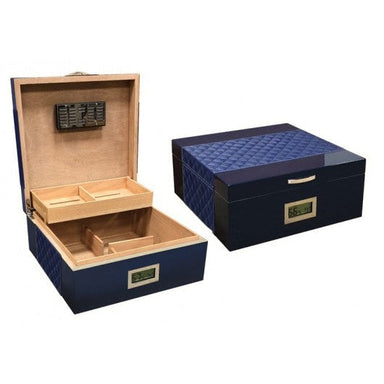 Hampton 200 Ct. Lacquer Humidor w/ Diamond Stitched Leather Top (Blue w/ Silver Detail)-1