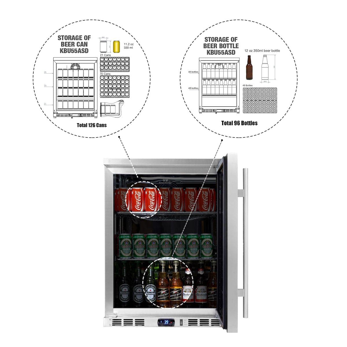 Kingsbottle KingsBottle 24 Inch Under Counter Beverage Refrigerator - KBU55M RHH