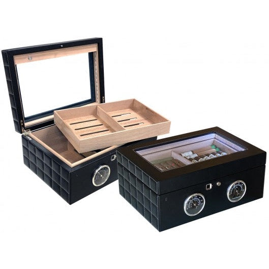 LemansGT 120 Ct. Black Humidor w/ Finger Print Touch Lock, Dual Gauges & LED Lighting-1